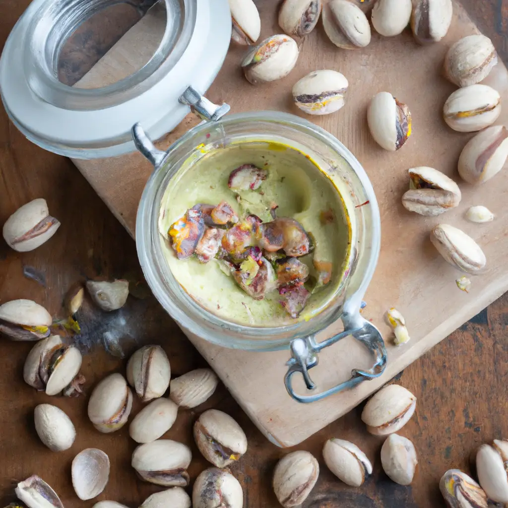 Fresh Wilderness Poets Pistachio Butter on rustic wooden table - 180 calories per 2 tbsp serving
