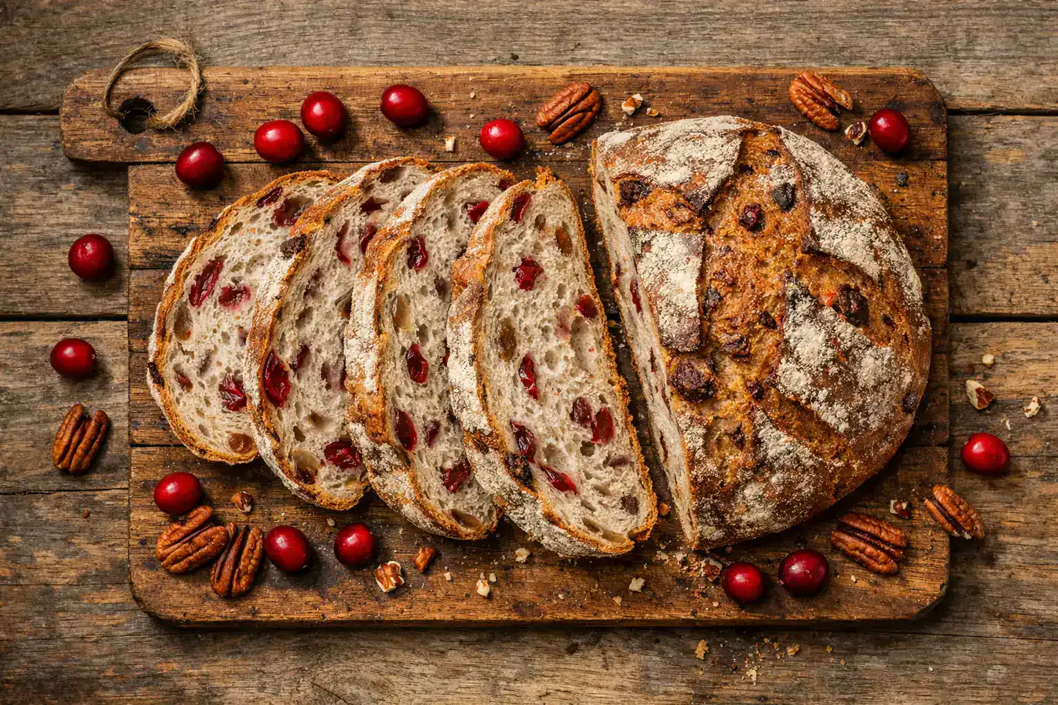 Frisches Cranberry-Pekannuss-Sauerteigbrot auf rustikalem Holztisch - 130 Kalorien pro Scheibe