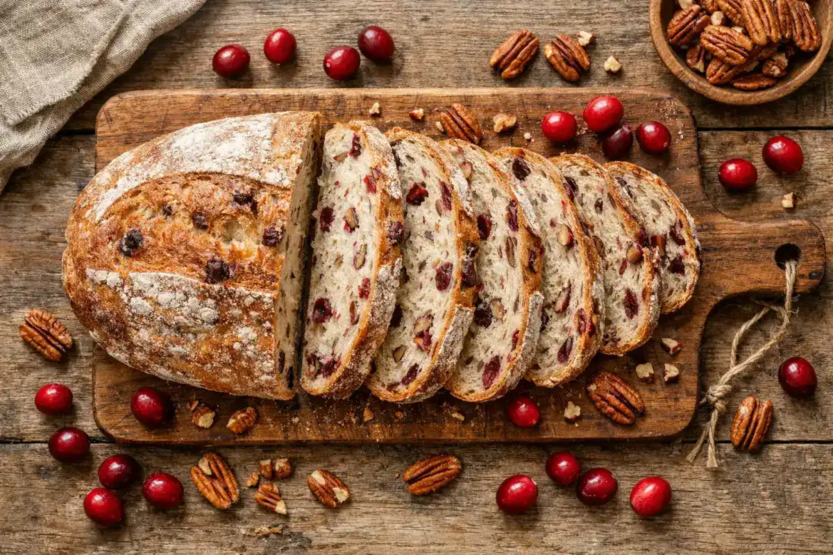 Fresh Wildgrain Cranberry Pecan Sourdough Loaf on rustic wooden table - 130 calories per slice
