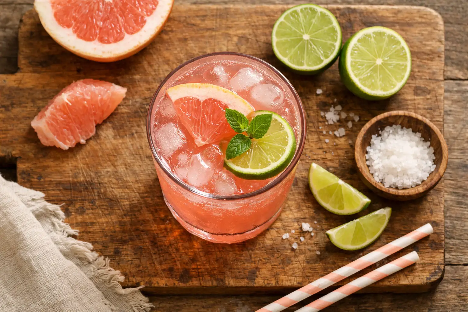 Fresh Wildwonder Pink Pomelo Limeade sparkling drink on rustic wooden table - 40 calories per can