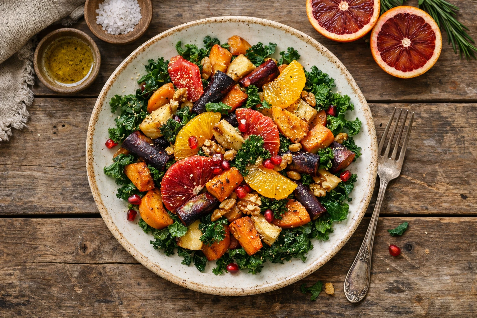 Fresh winter vegetable salad on ceramic plate - 60-80 calories per 100g