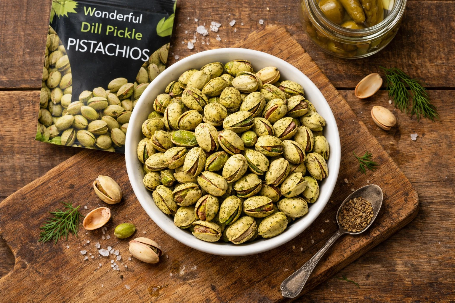 Fresh Wonderful Dill Pickle Pistachios on rustic wooden table - 170 calories per serving
