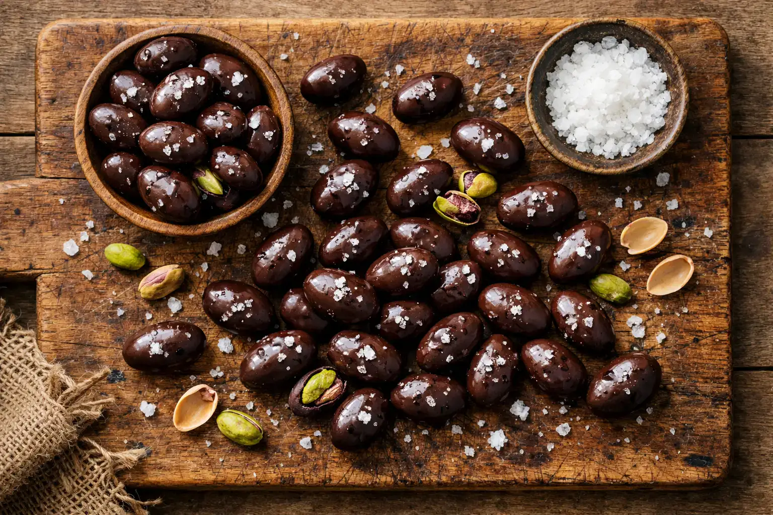 Fresh dark chocolate covered pistachios with sea salt on rustic wooden table - 160 calories per 28g serving