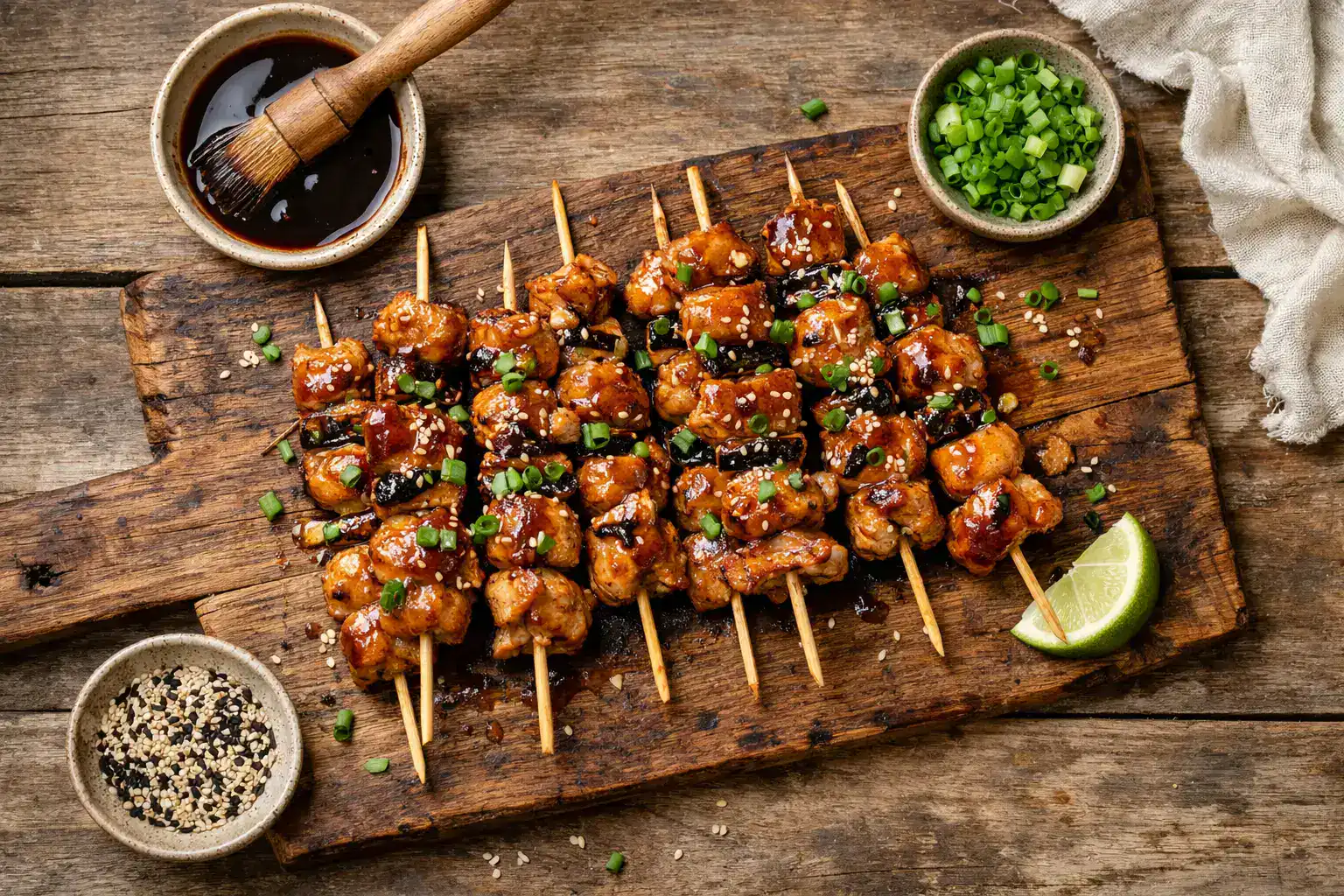 Brochetas de yakitori frescas en mesa de madera rústica - 140 calorías por 2 brochetas