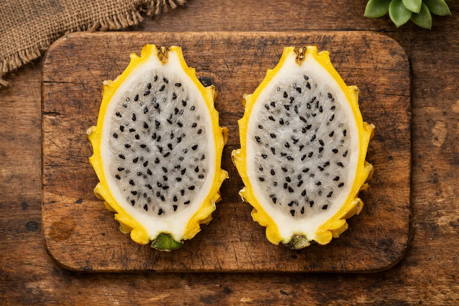 Fruta del dragón amarilla pitahaya fresca sobre mesa de madera rústica - 60 calorías por 100 g