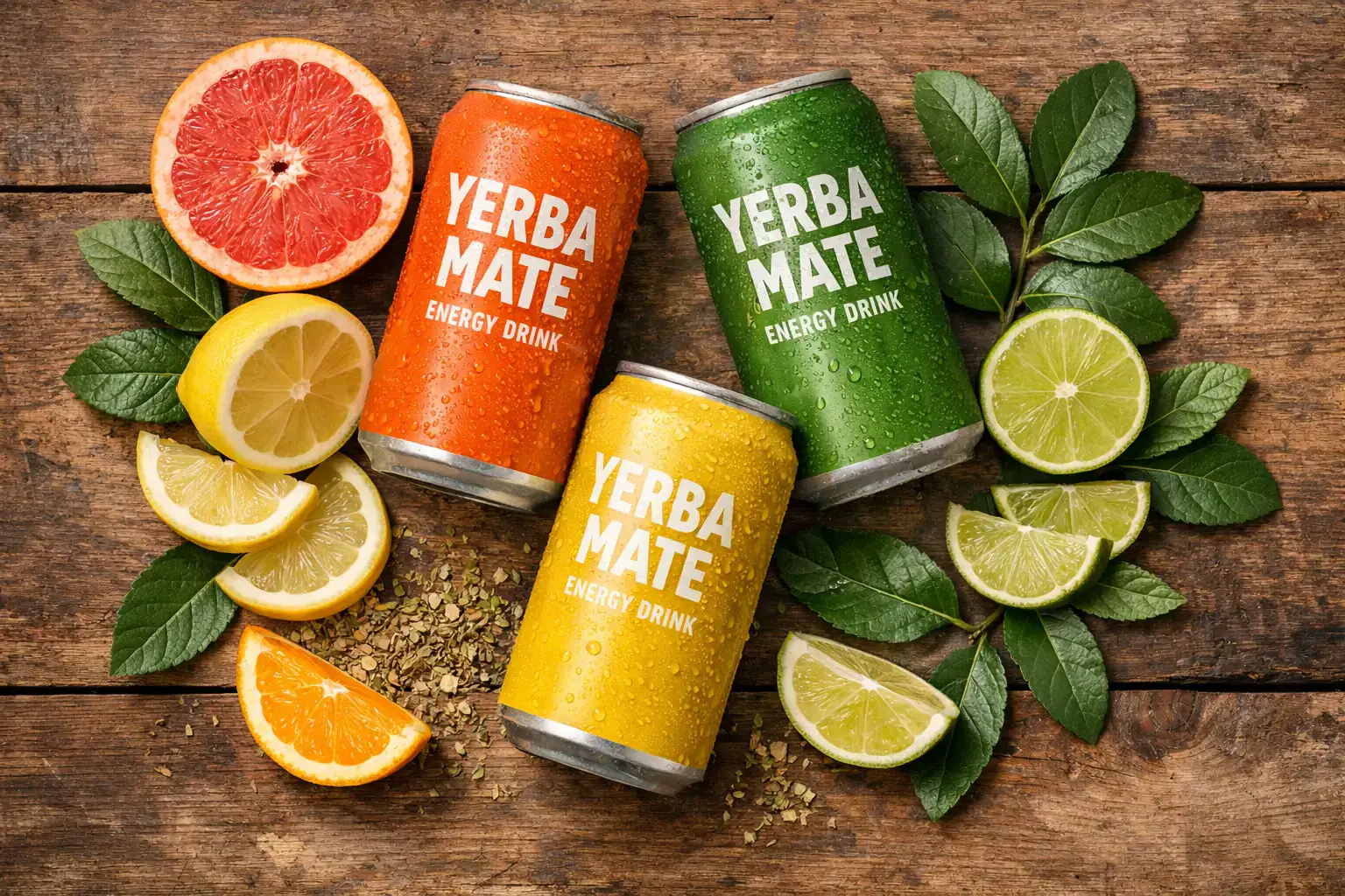 Fresh yerba mate energy drink on rustic wooden table - 5 calories per 12oz can