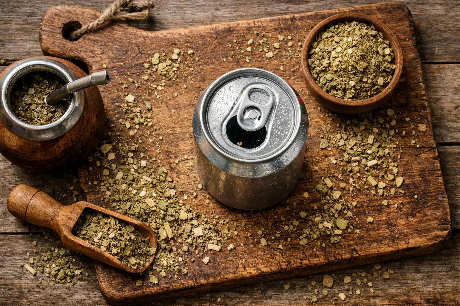 Yerba Madre Organic Yerba Mate can with yerba mate leaves - 10 calories per can