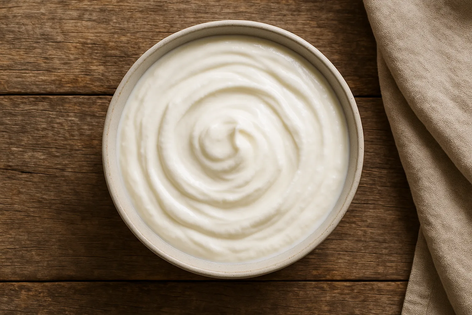 Fresh plain yogurt on rustic wooden table - 149 calories per cup