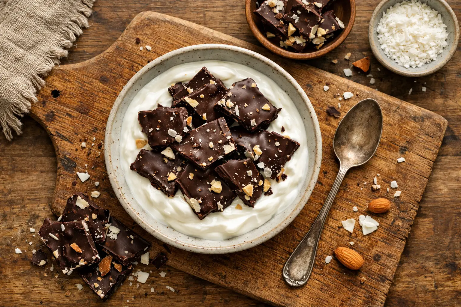 Joghurt-Bowl mit Schokoladen-Schale auf rustikalem Holztisch - 280 Kalorien pro Bowl