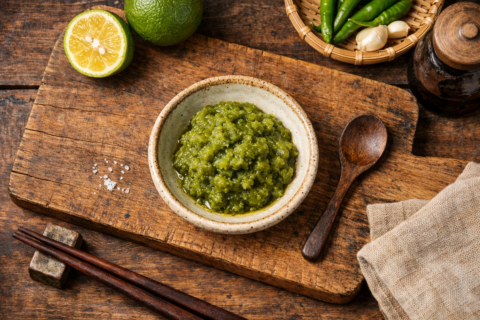 Fresh yuzu kosho in ceramic dish on wooden table - virtually zero calories per teaspoon