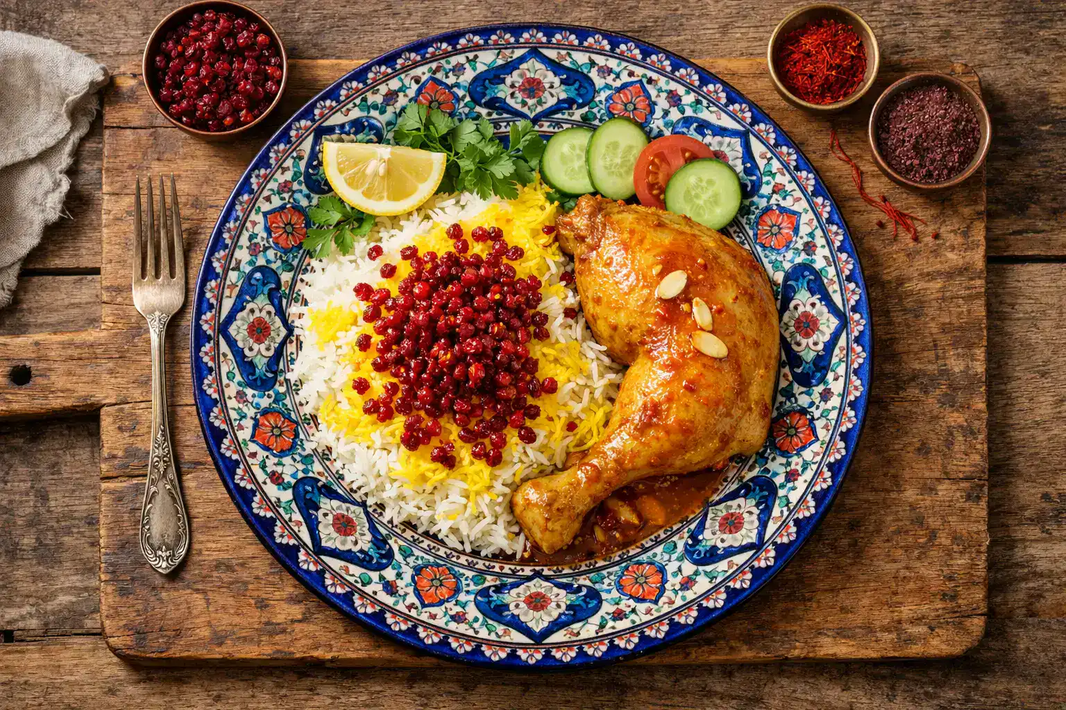 Fresh zereshk polo Persian barberry rice on rustic wooden table - 420 calories per serving