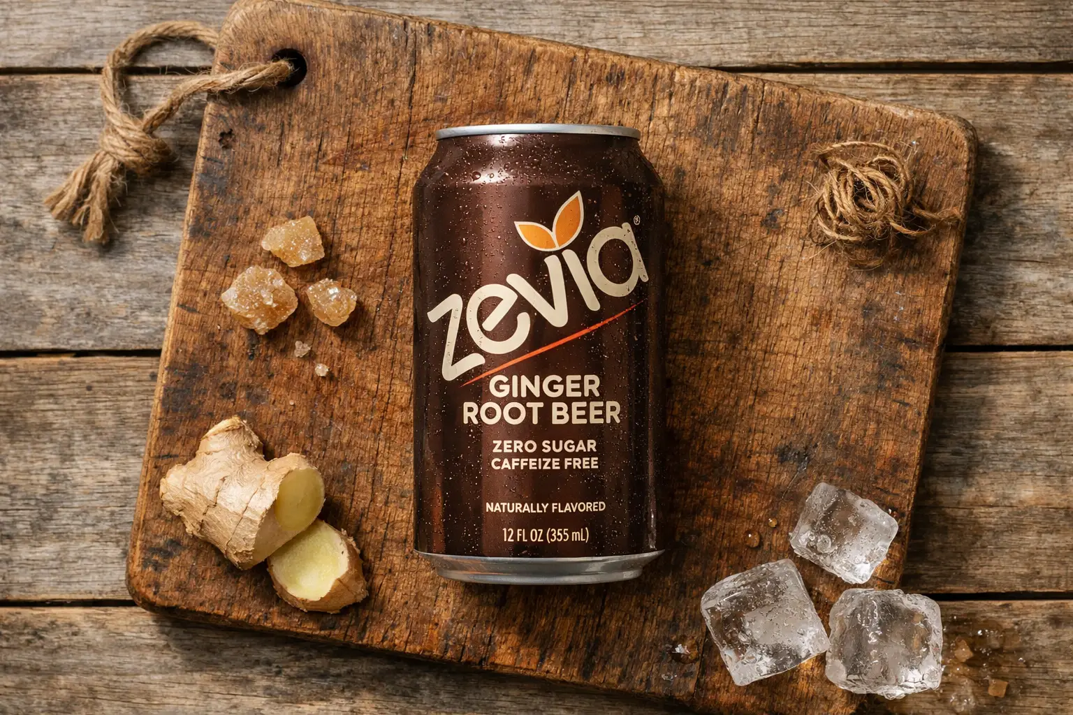 Zevia Ginger Root Beer can on rustic wooden table - 0 calories per 355ml can