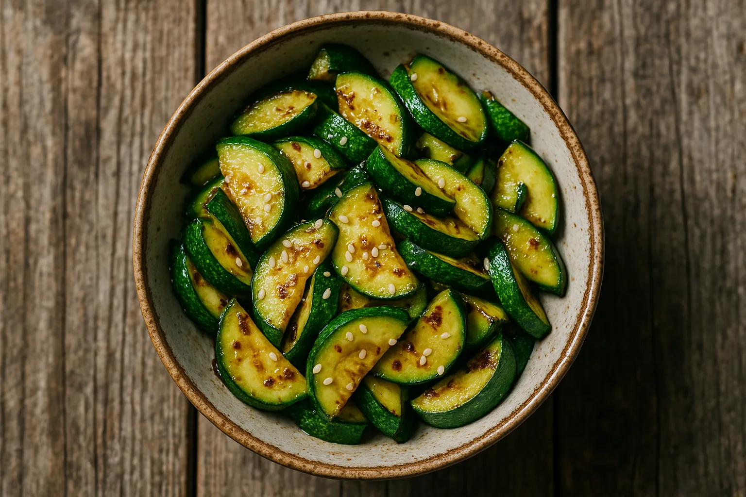 Fresh zucchini stir fry on rustic wooden table - 35 calories per 100g