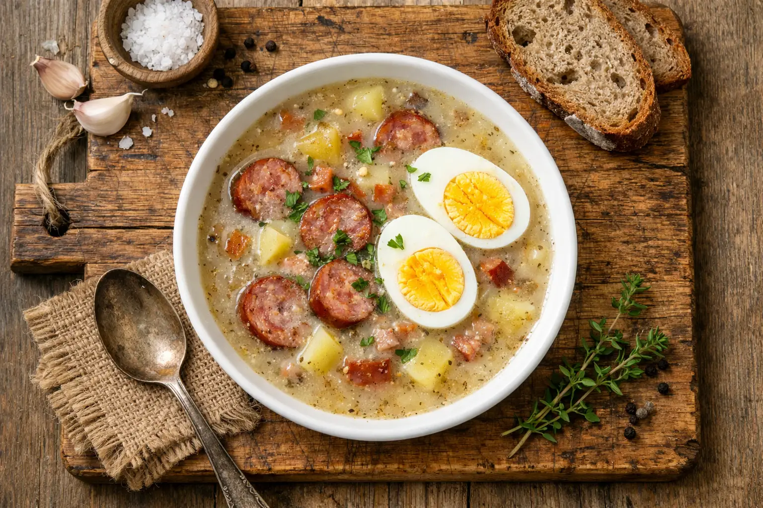 Żurek polaco fresco de centeno agrio en tazón blanco - 180 calorías por tazón