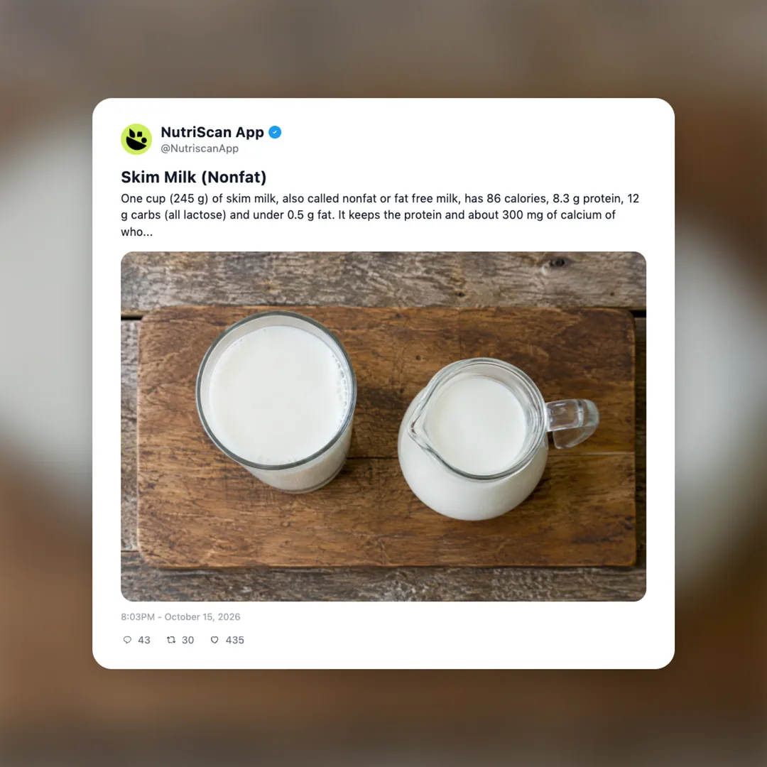 Skim Milk (Nonfat) Calories & Nutrition Facts nutrition card 1