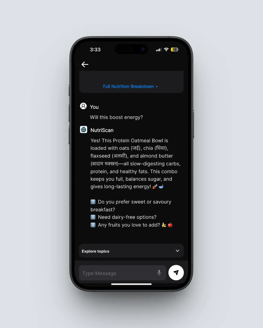 NutriScan chat with food feature for asking nutritional questions