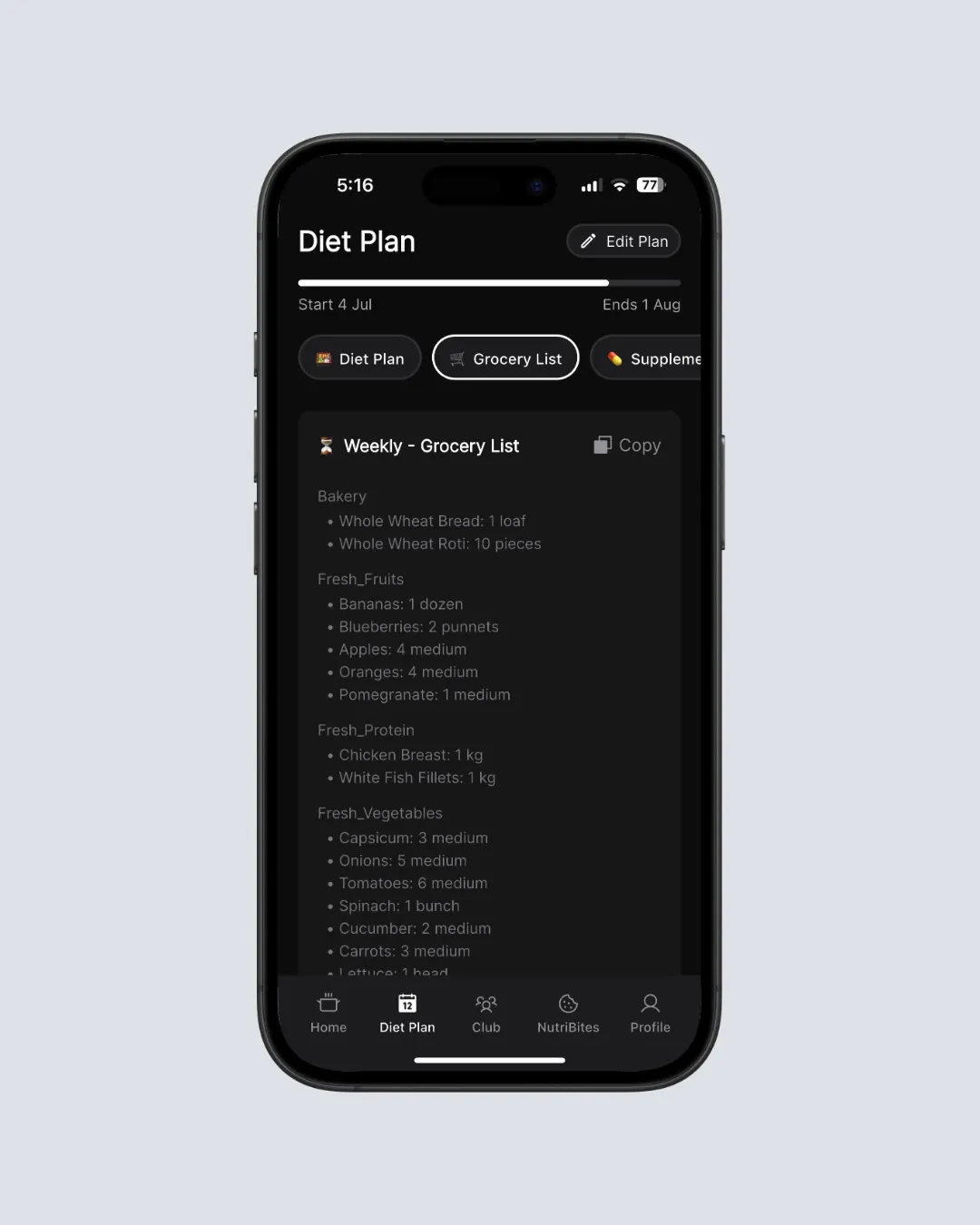 NutriScan app showing grocery list organized by categories