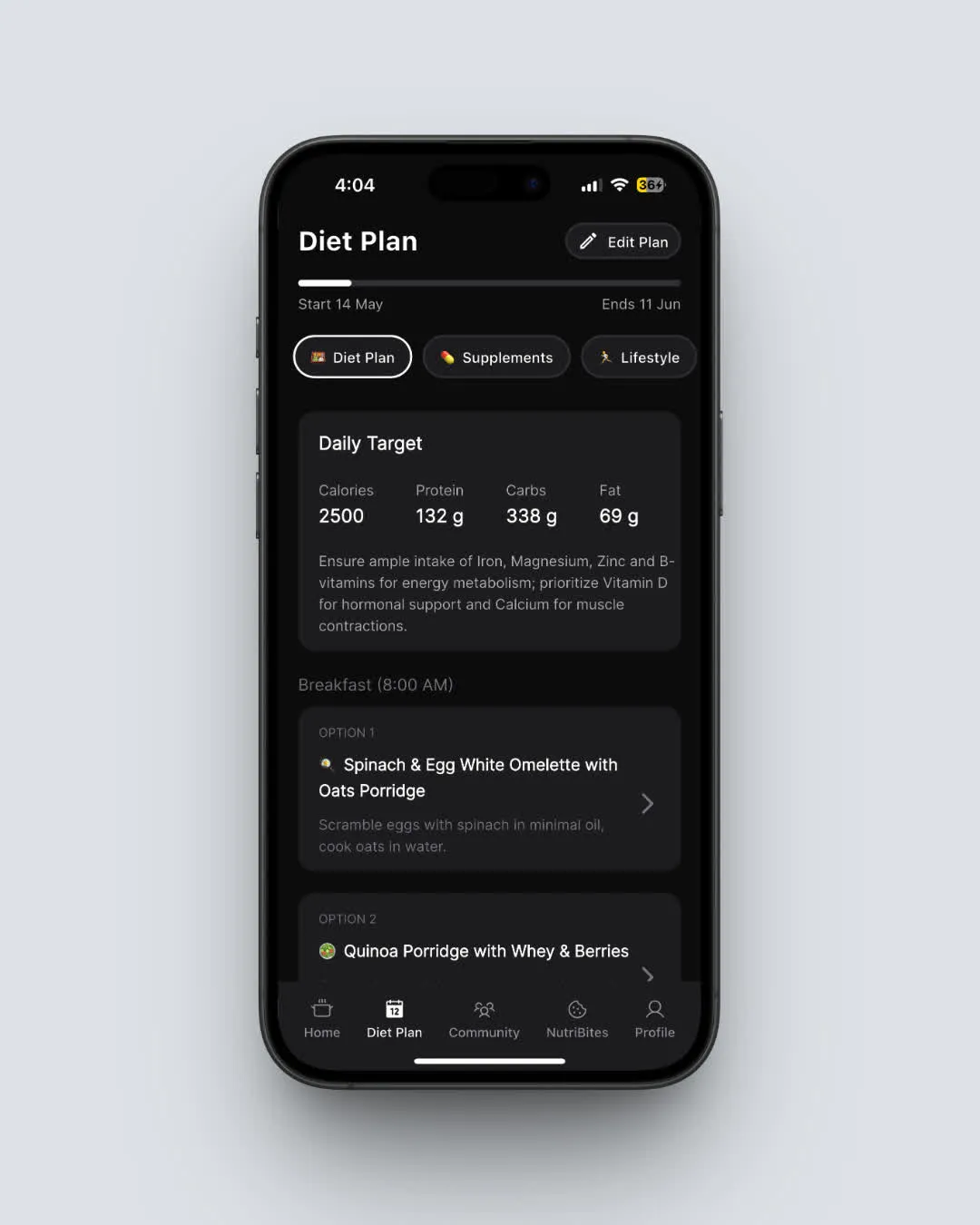 NutriScan app showing personalized diet plan with meals and macros