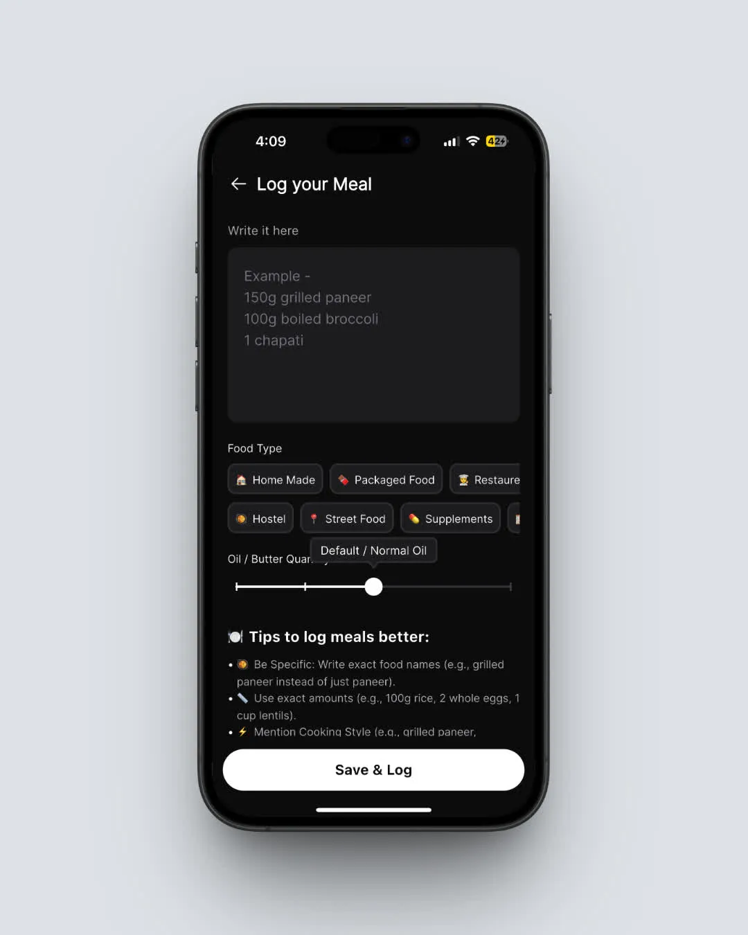 NutriScan meal logging interface showing Indian food analysis