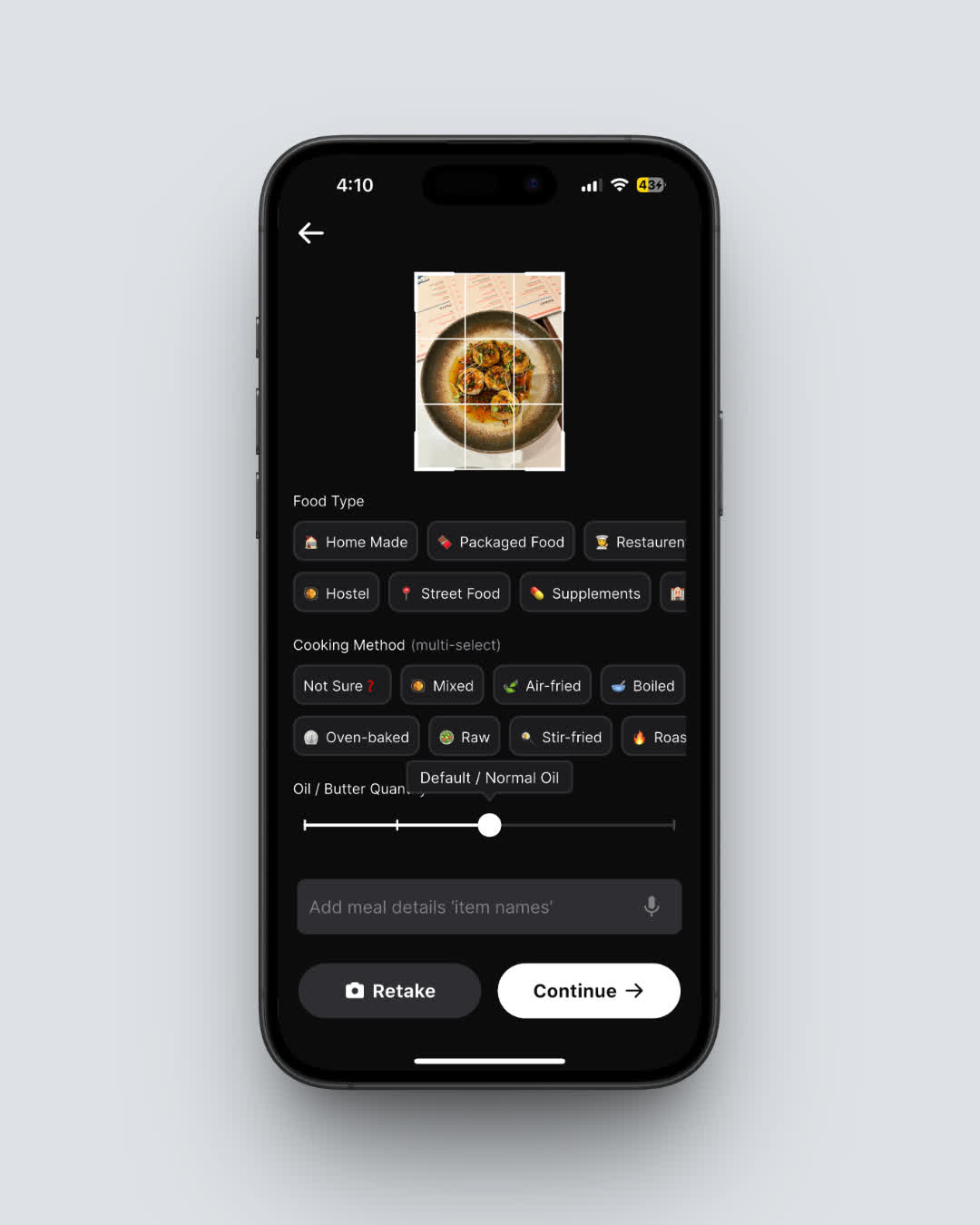 NutriScan meal logging screen showing photo recognition of Indian food