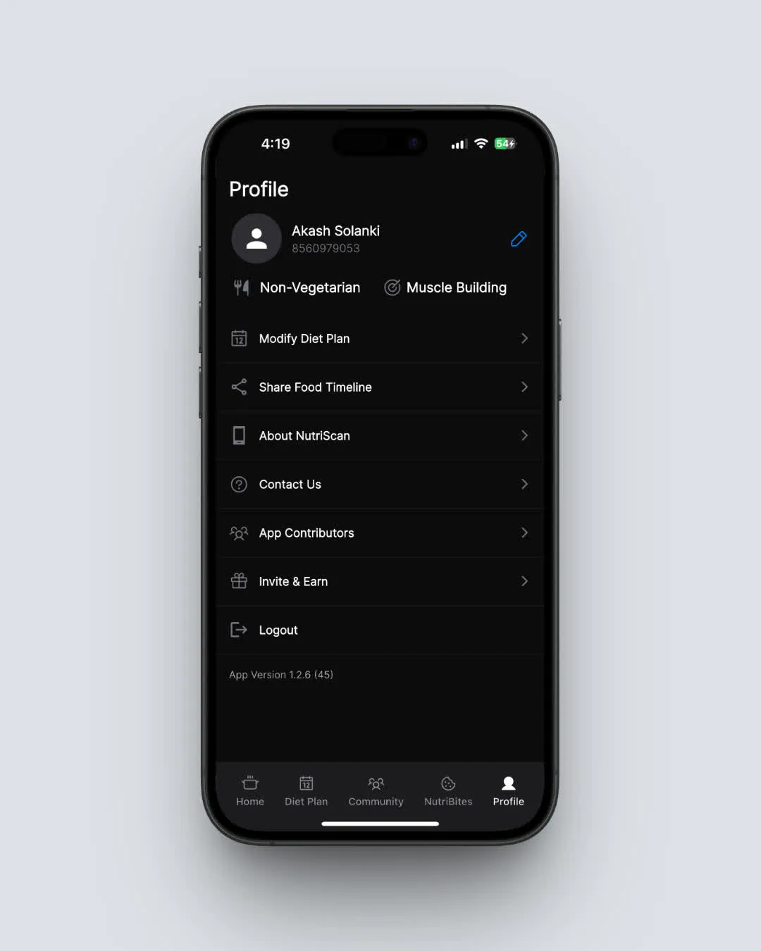 NutriScan profile page showing account management options