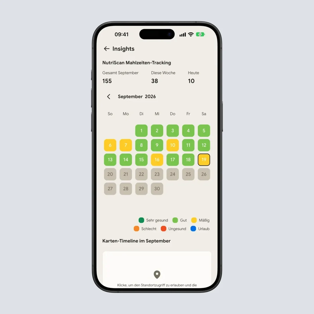 NutriScan Insights-Kalender mit täglichem Ernährungs-Tracking und Trends