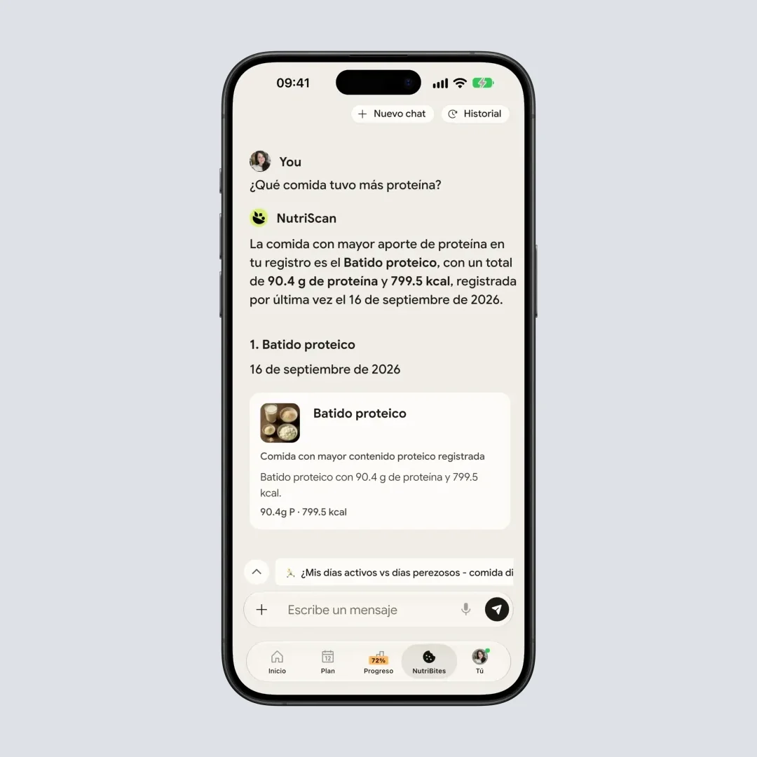 Preguntas sugeridas de NutriBites sobre comida y datos de salud