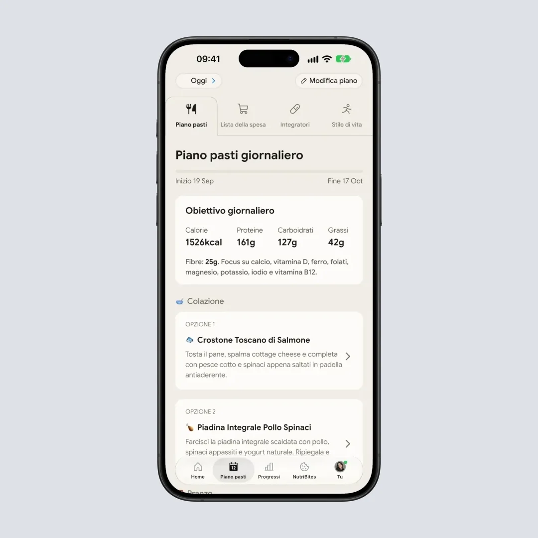 Interfaccia del piano dieta di NutriScan con consigli sui pasti personalizzati e monitoraggio degli obiettivi