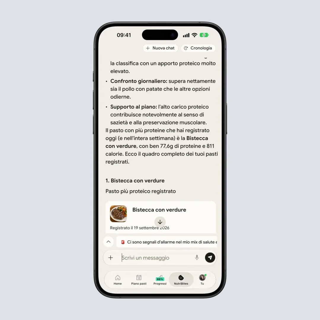 Funzione di chat con il cibo con analisi nutrizionale dettagliata e domande sul pasto