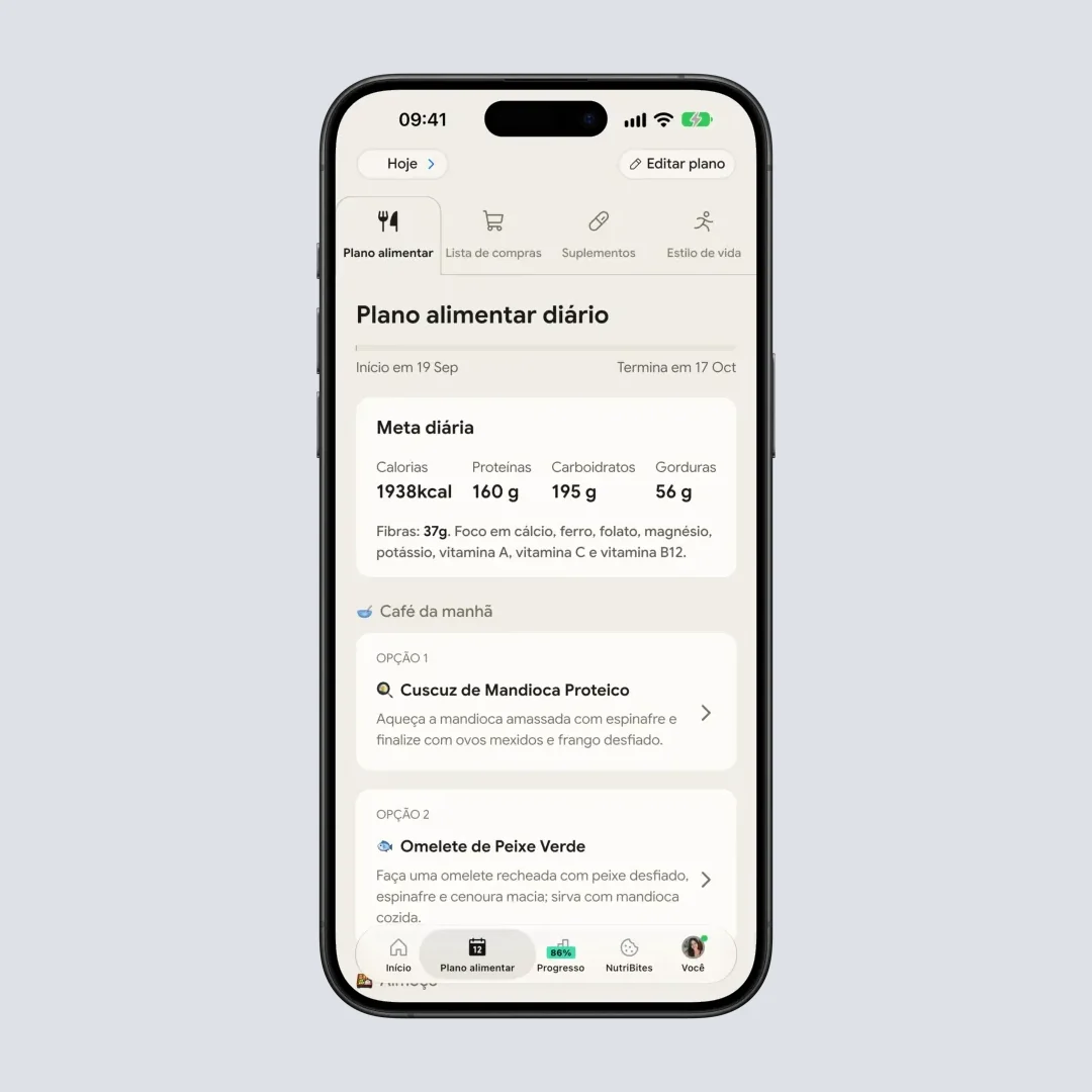 Tela do plano alimentar do NutriScan mostrando recomendações de refeições personalizadas e acompanhamento de metas