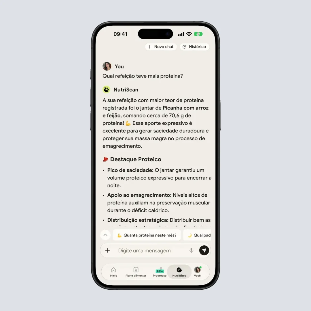 Recurso de conversa com a comida mostrando análise nutricional detalhada e perguntas sobre o alimento