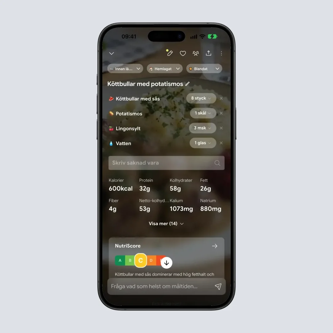 NutriScans sida med näringsdetaljer som visar en detaljerad uppdelning av makro- och mikronäringsämnen