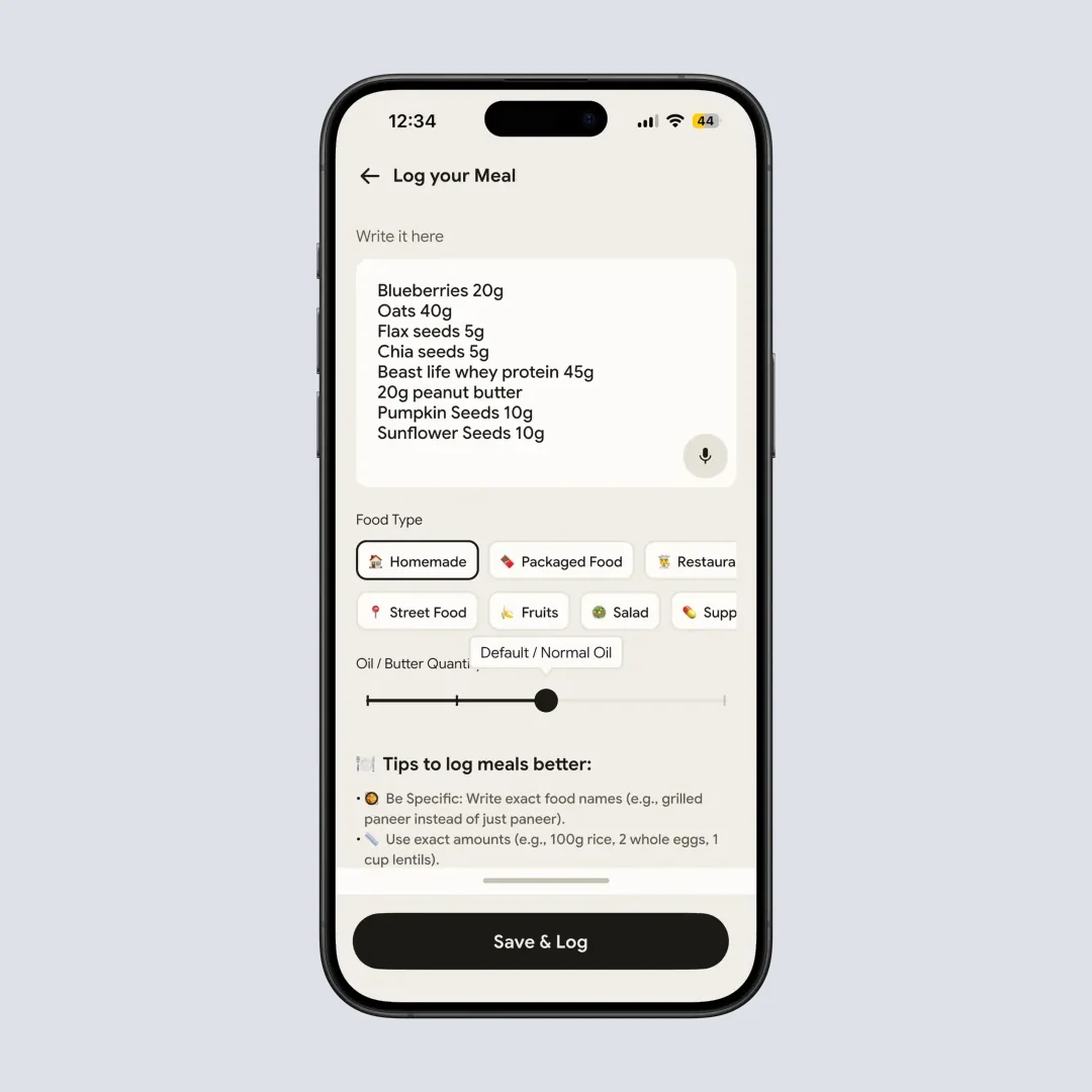 Manual food logging screen showing a searched food, its portion size and its calorie and macro breakdown
