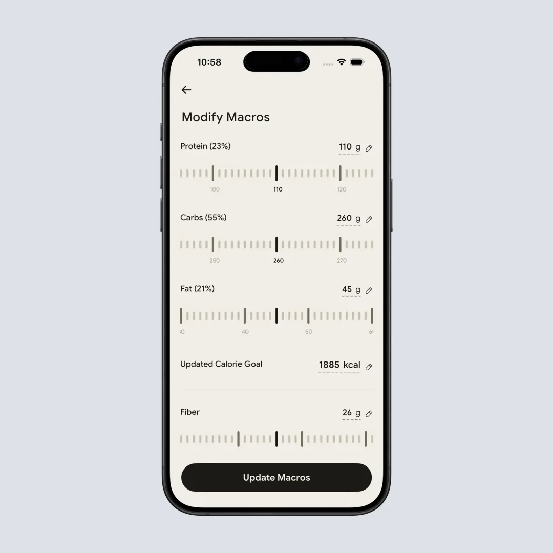 Modify Macros screen with gram sliders for protein, carbs and fat