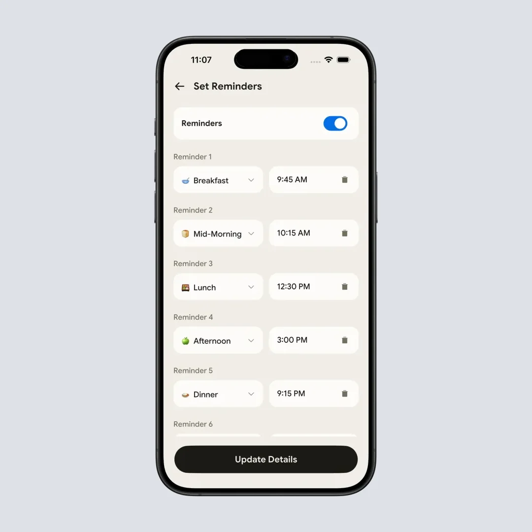 Setting a water reminder time slot in NutriScan