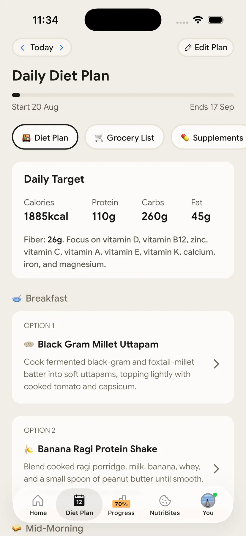 NutriScan Diet Plan screen showing plan dates with a progress bar and daily macro and micronutrient targets