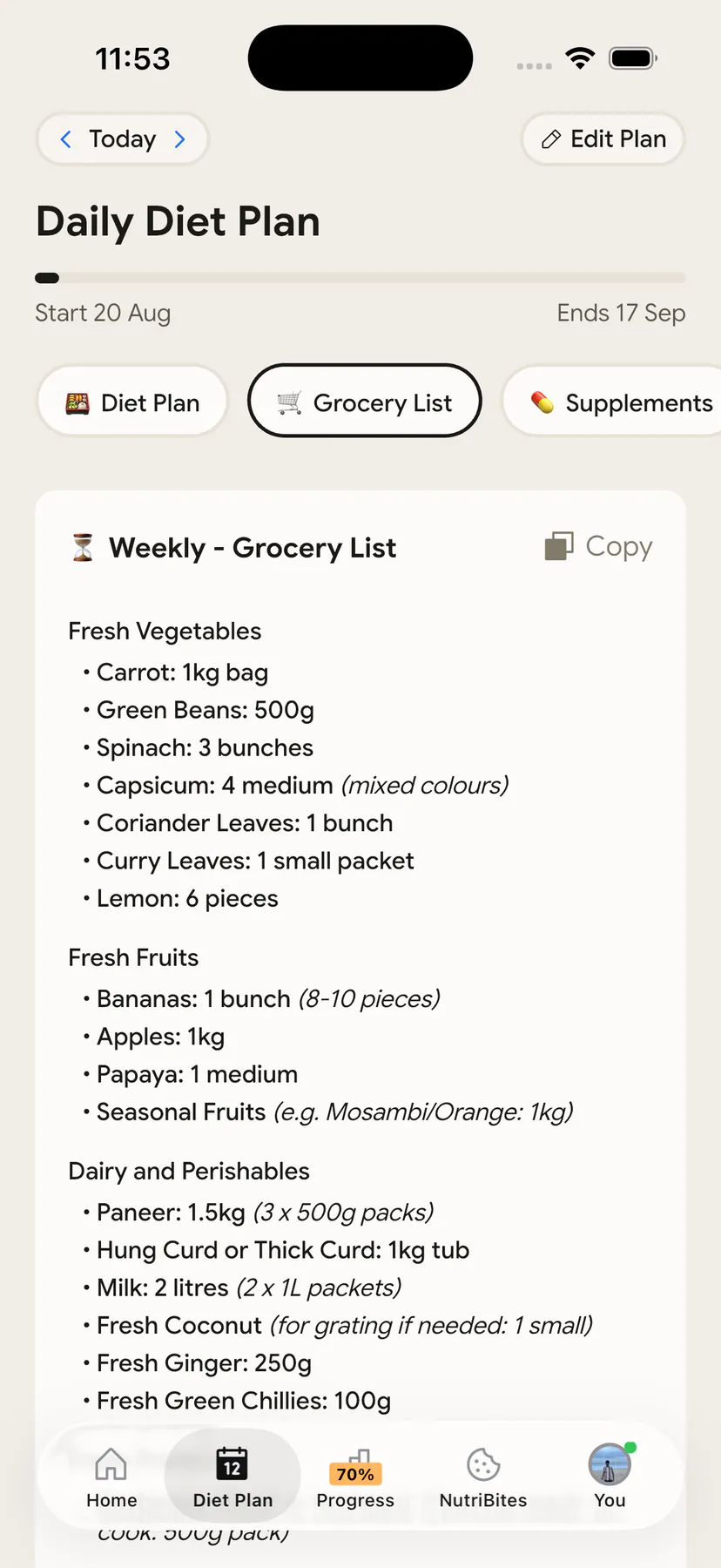 NutriScan grocery list tab showing a weekly shopping list generated from the diet plan
