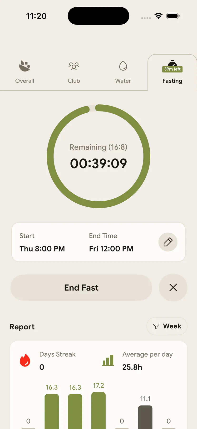 NutriScan fasting timer screen, where fasting history can be exported as CSV