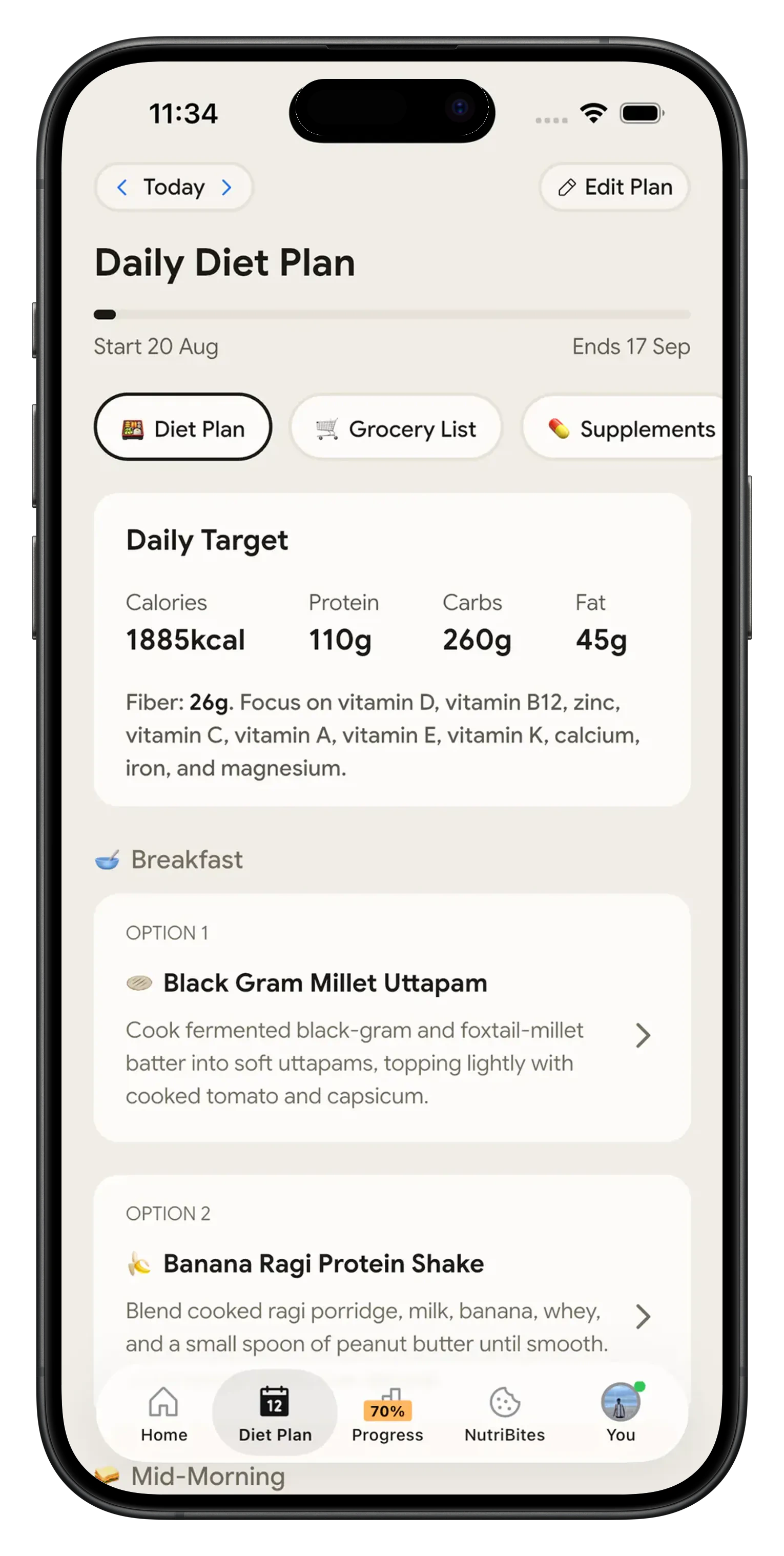 NutriScan daily diet plan with the day target and meal options