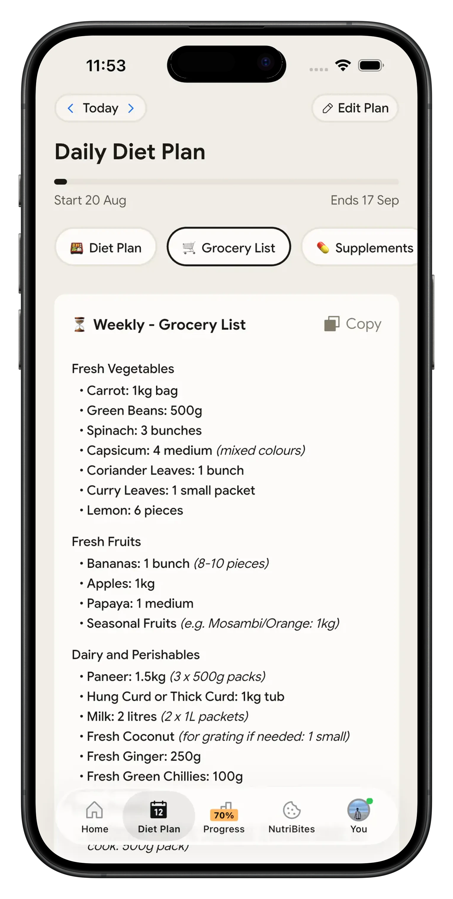 Weekly grocery list generated from the NutriScan meal plan