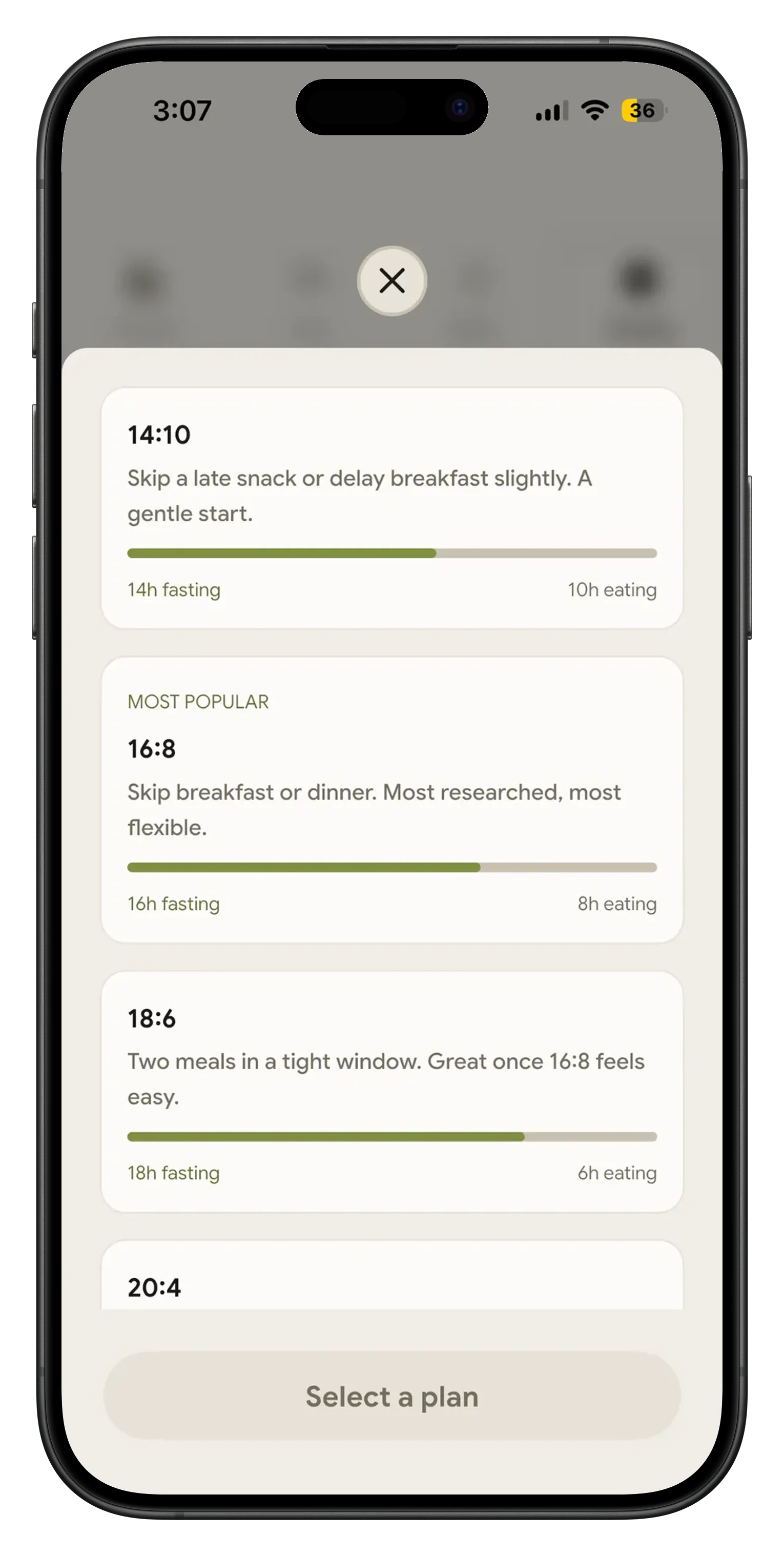 Fasting plan picker showing 14:10, 16:8 and 18:6 splits