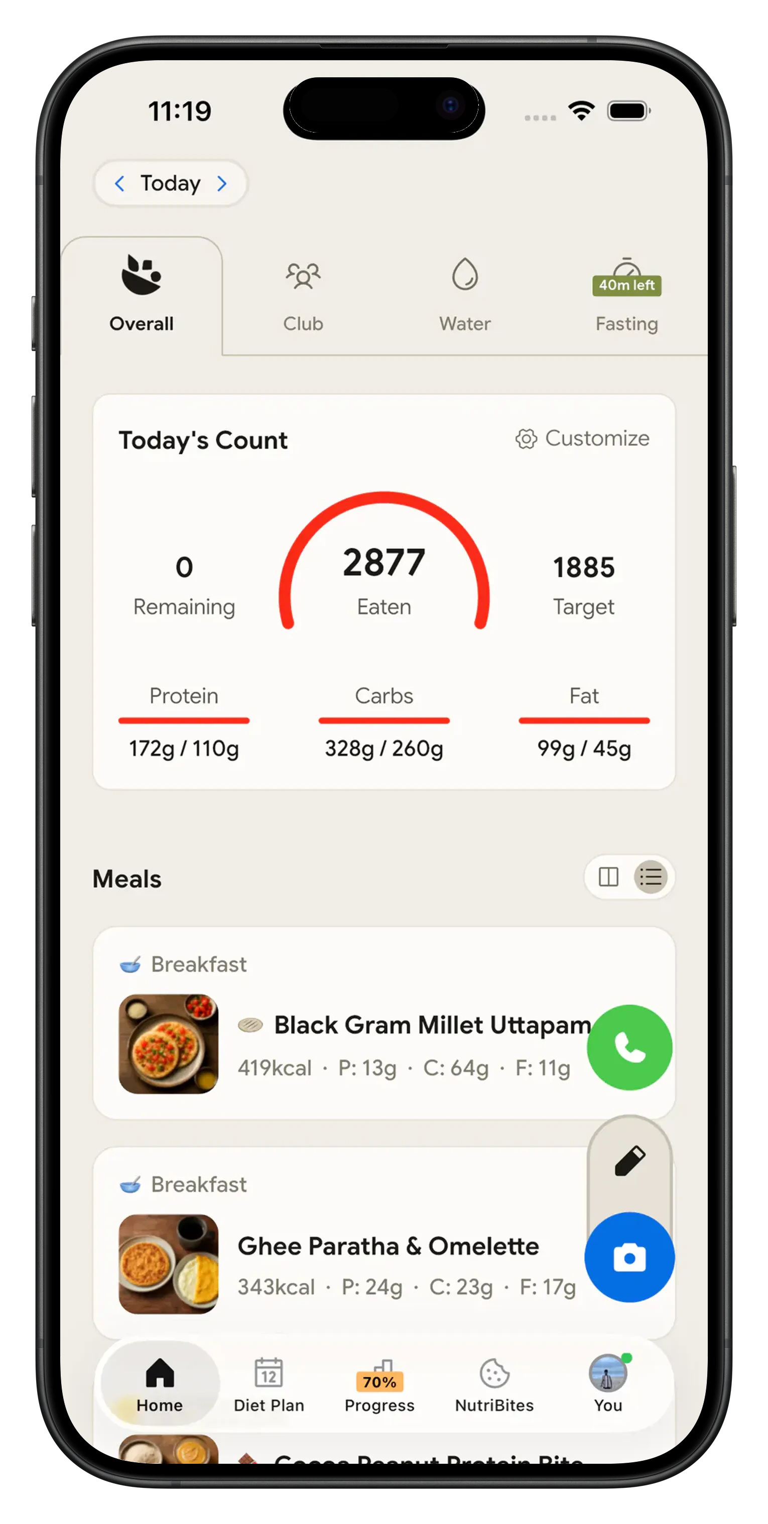 Today's calories, macros and the compact water card on the NutriScan home screen