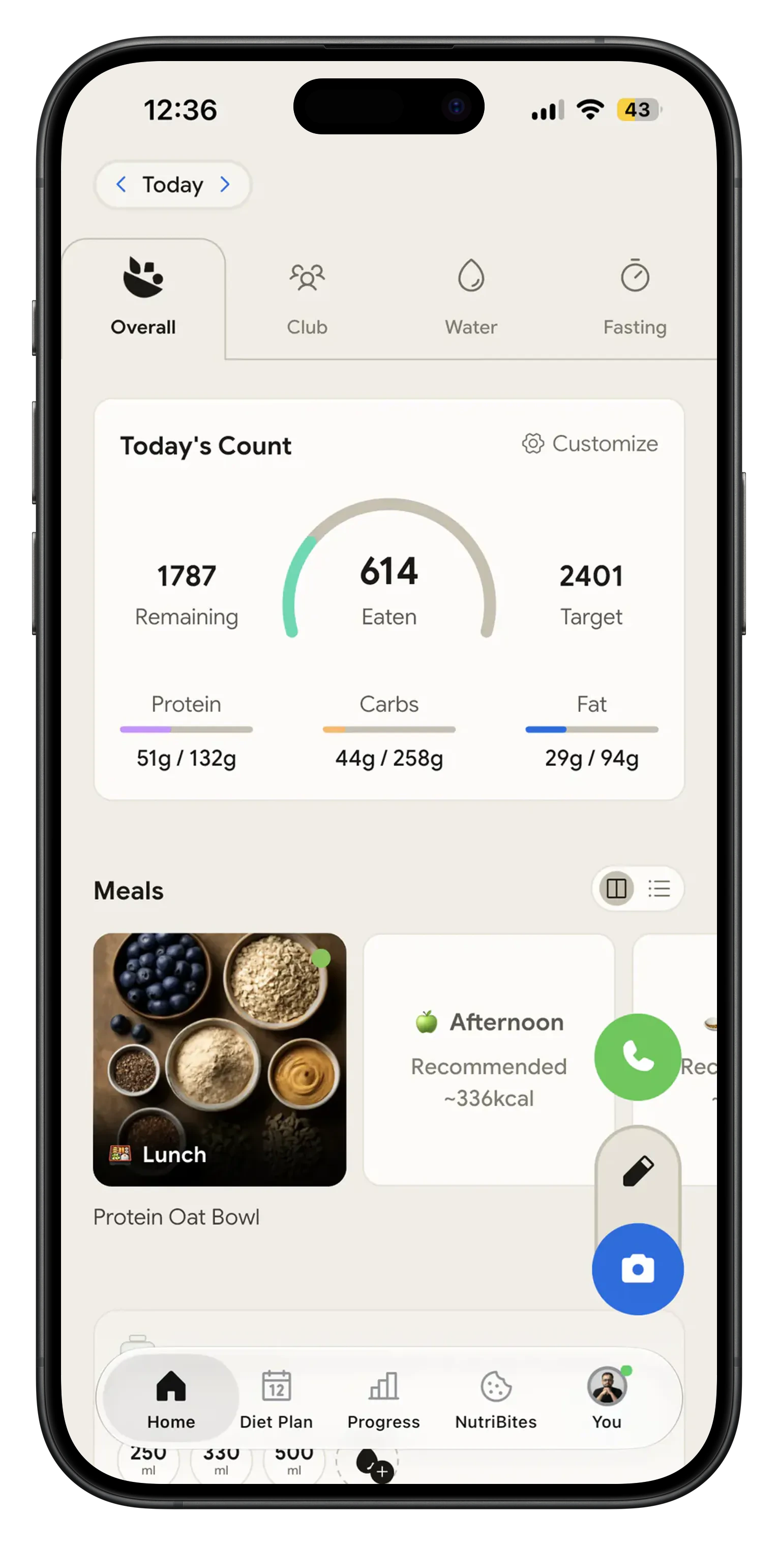 NutriScan home screen showing today's macros against target