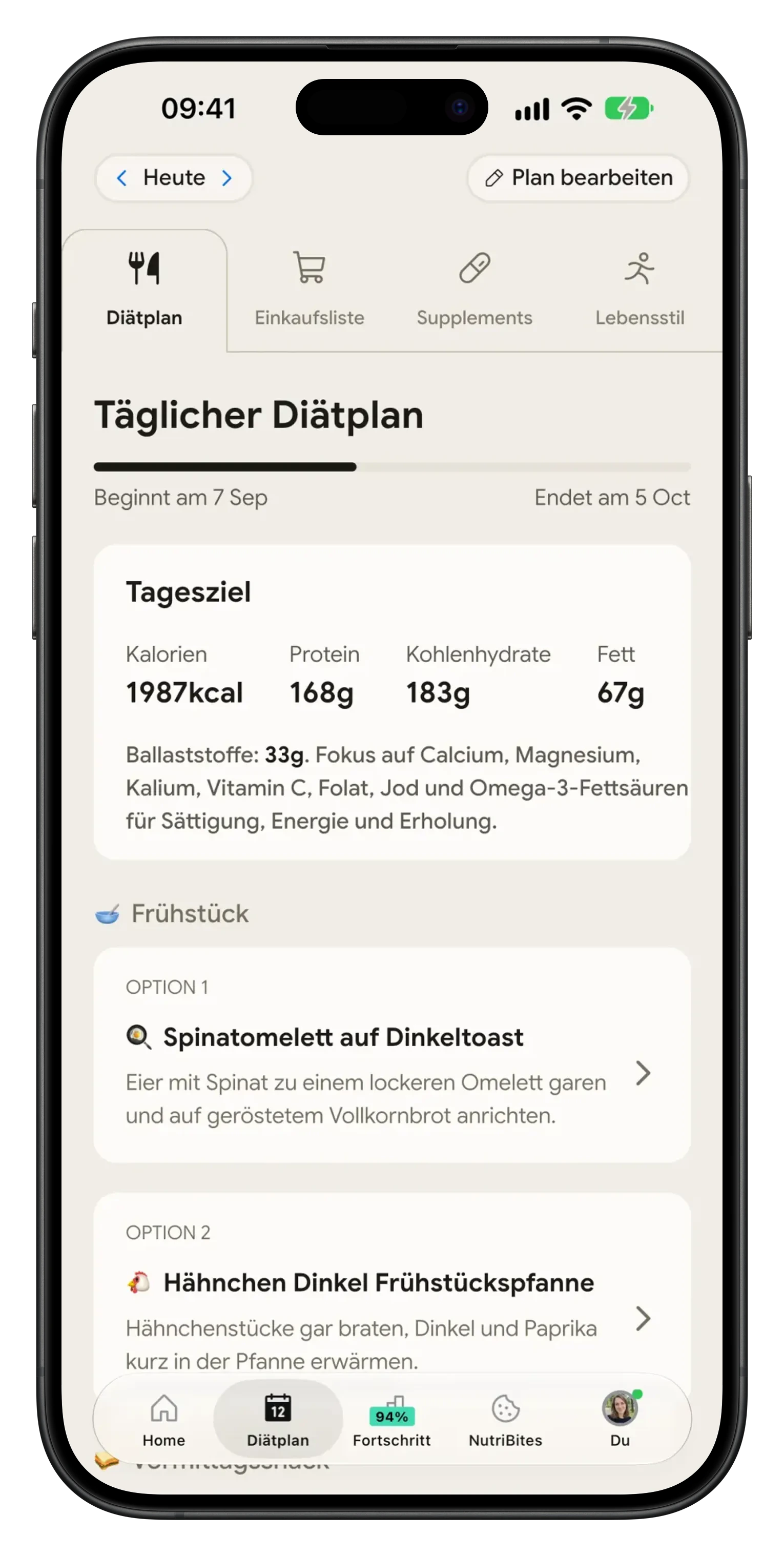 Taeglicher Ernaehrungsplan in NutriScan mit Tagesziel und Mahlzeiten