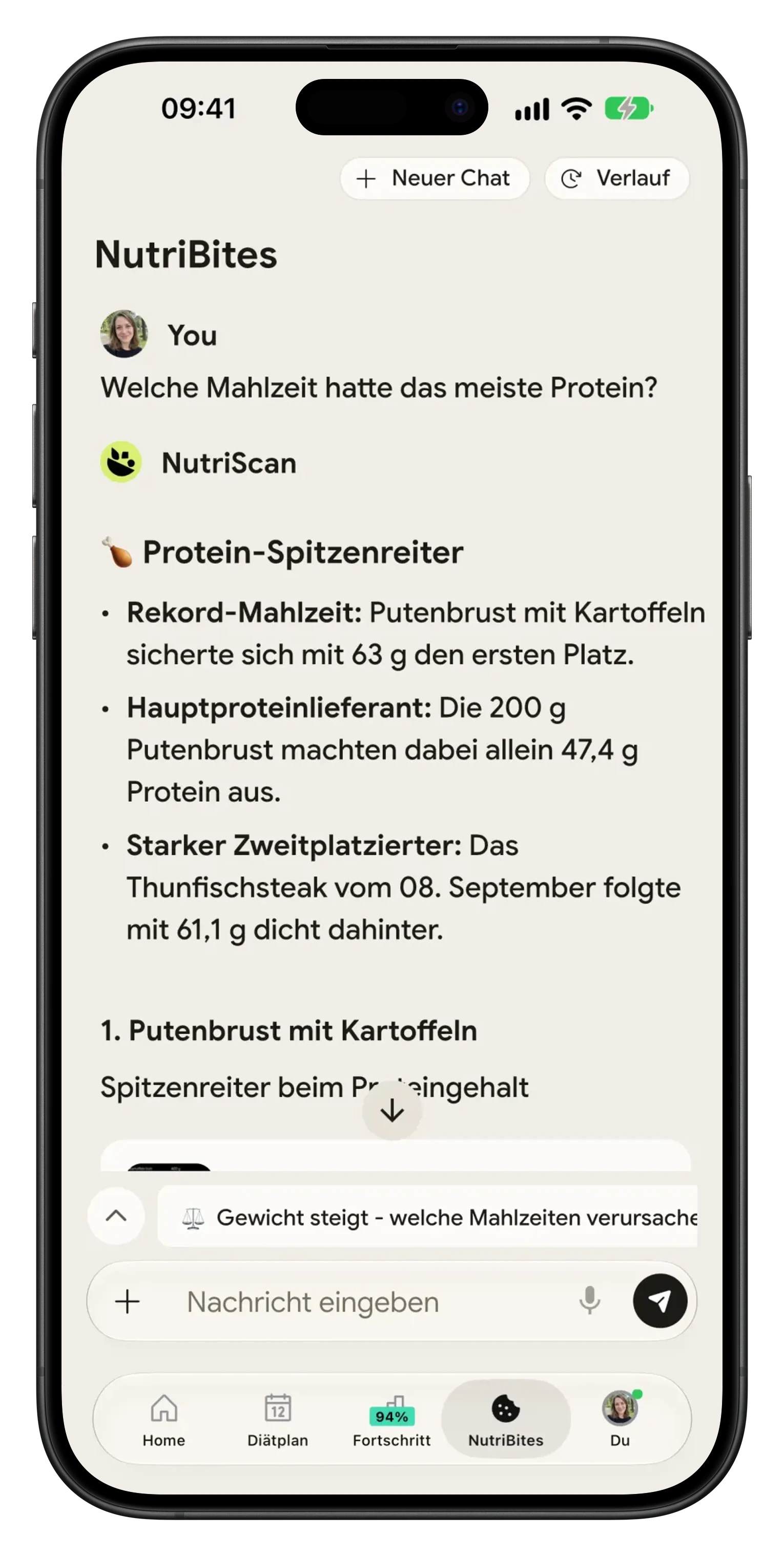 NutriBites KI Assistent beantwortet Ernaehrungsfragen in NutriScan