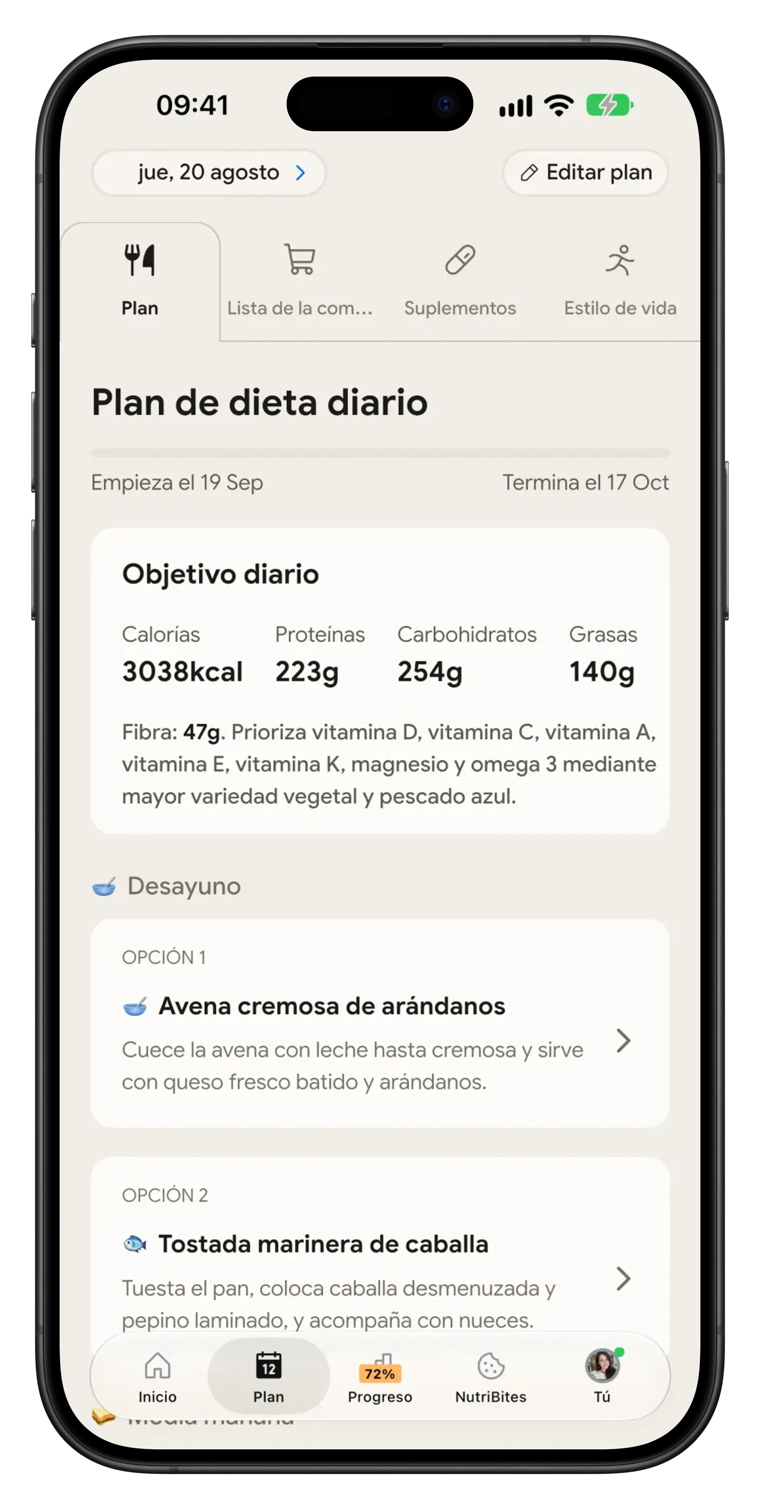 Plan de dieta diario de NutriScan con el objetivo del dia y las comidas