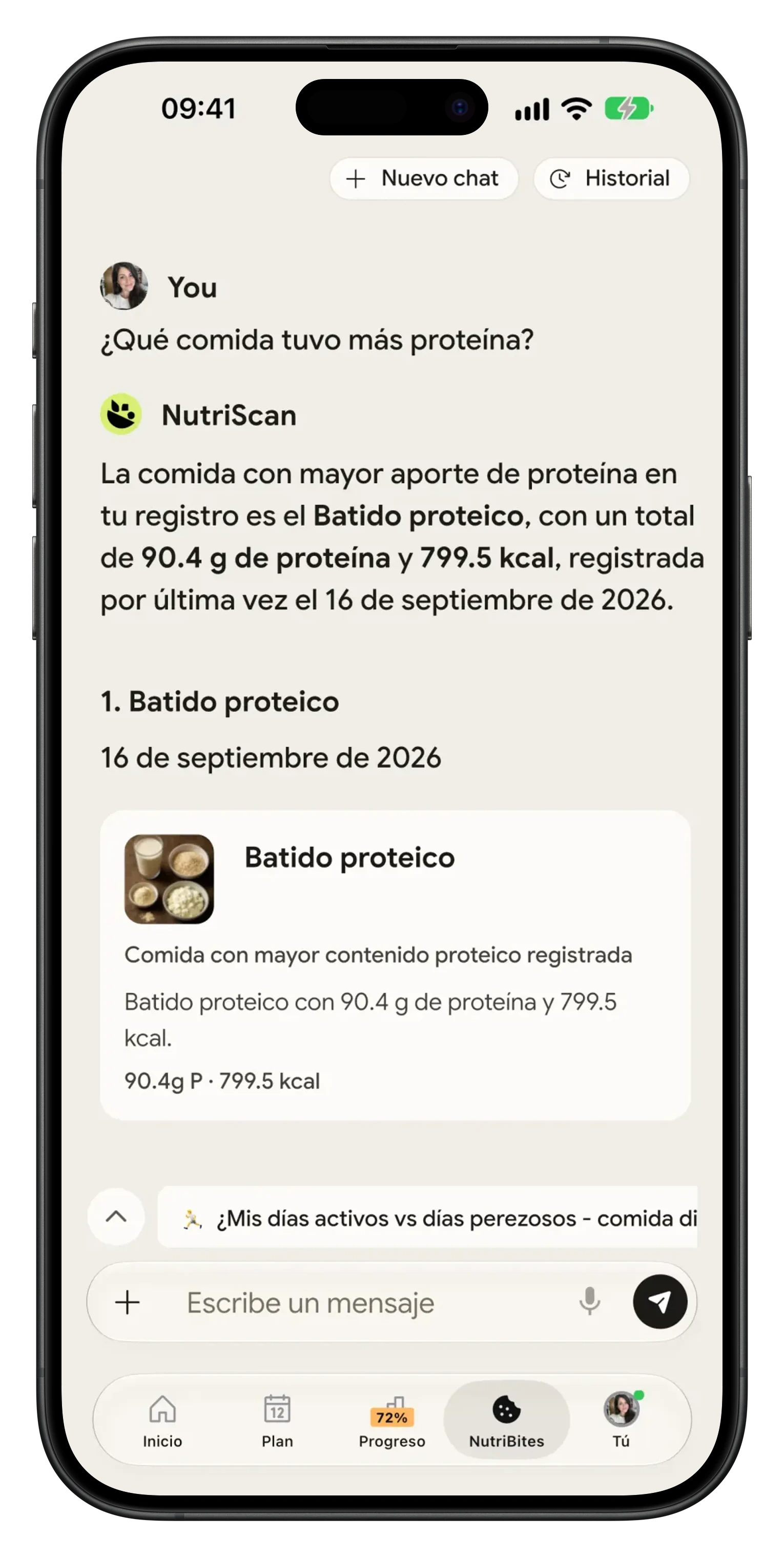 El asistente de IA NutriBites responde preguntas de nutricion en NutriScan