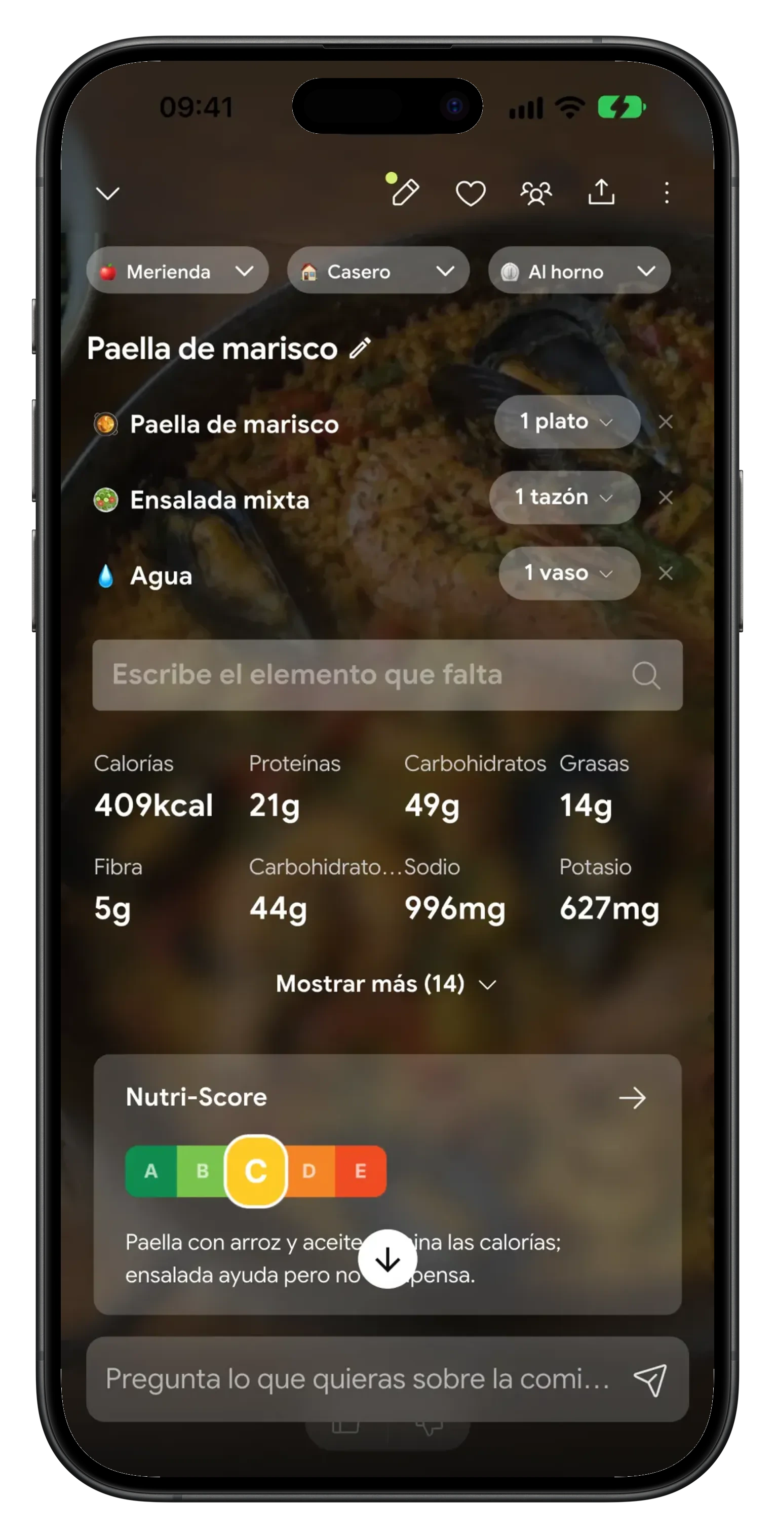 Desglose de una comida registrada después de un ayuno