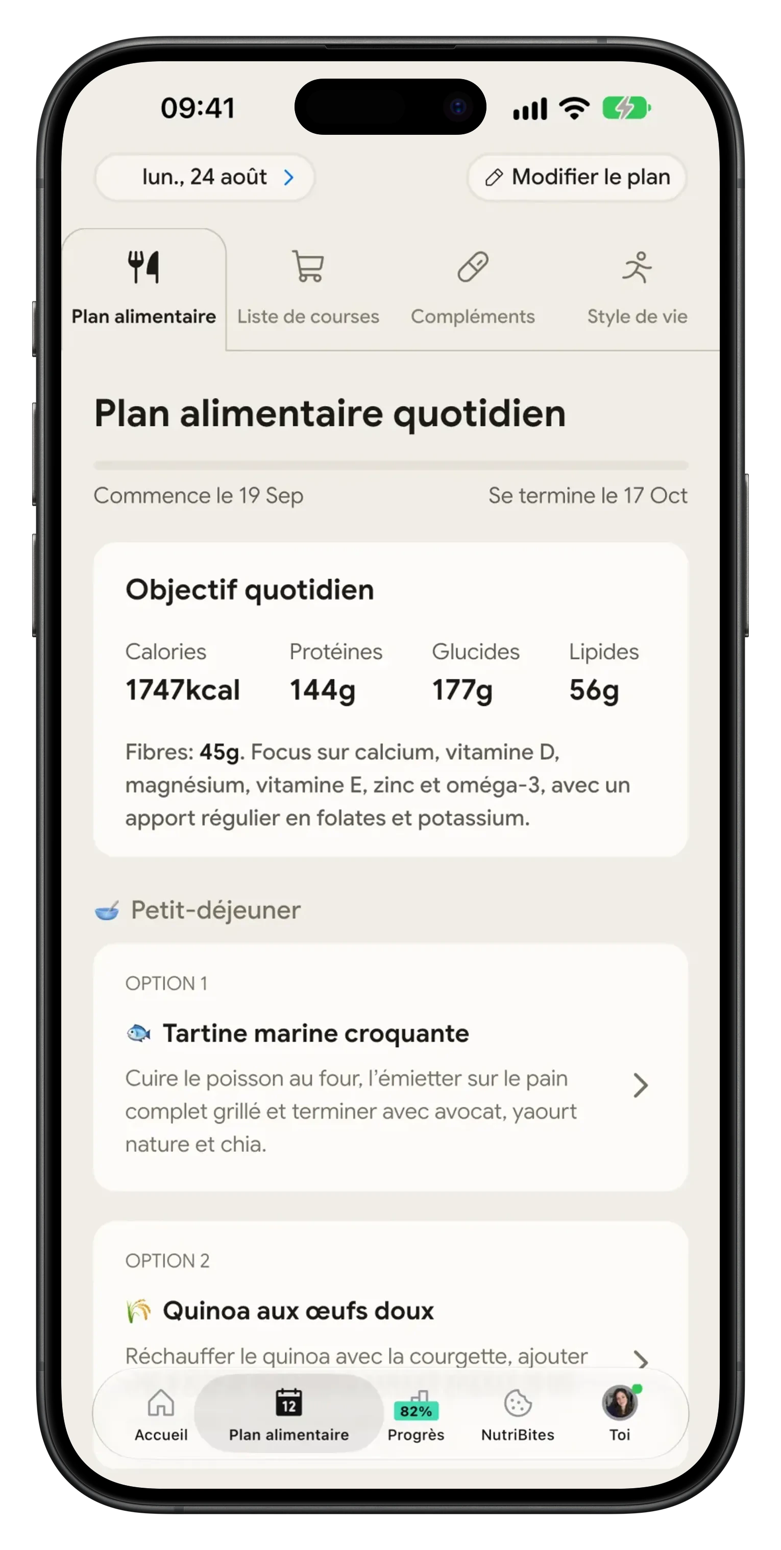 Plan alimentaire quotidien NutriScan avec objectif du jour et repas