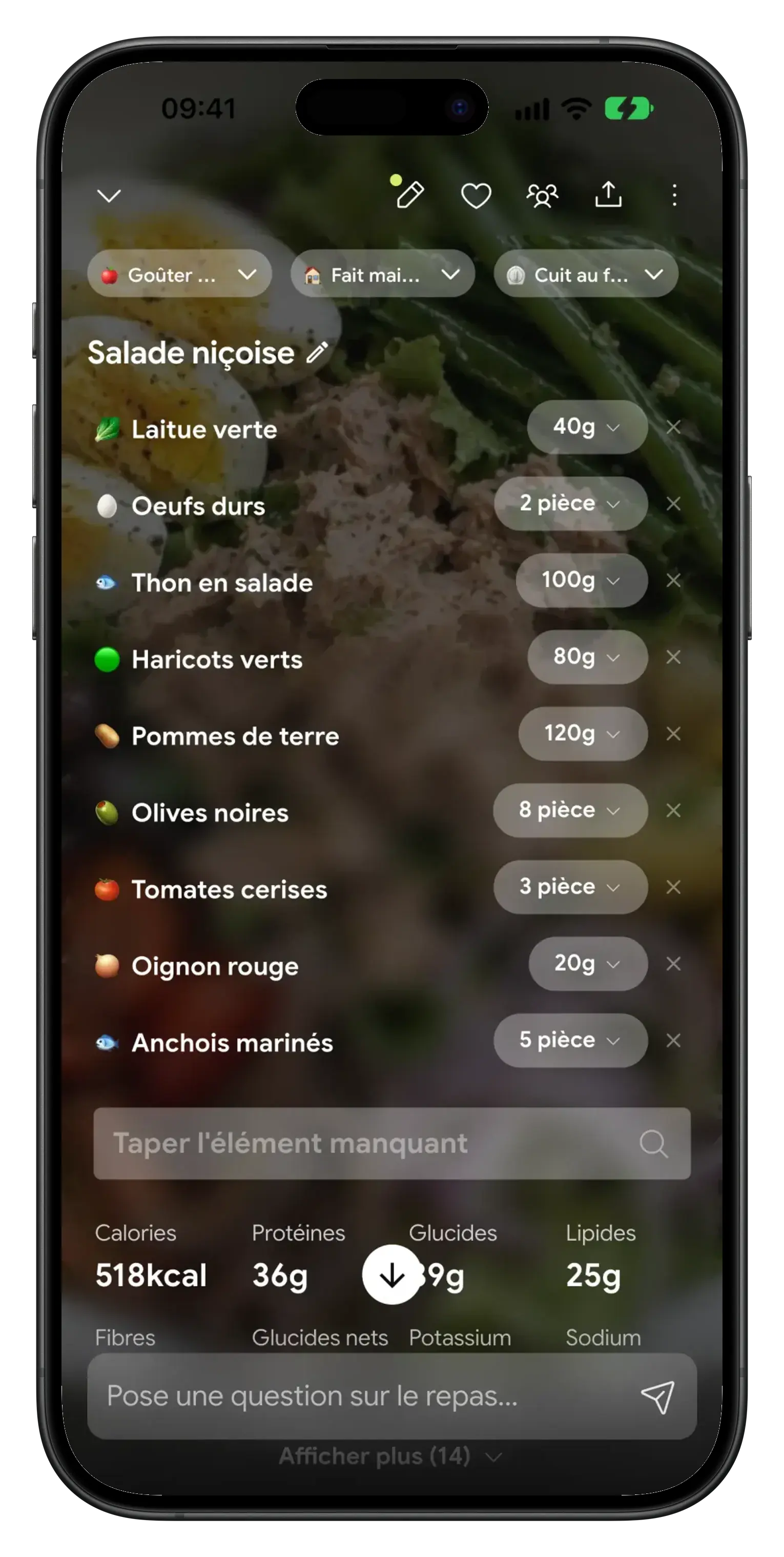 Détail d'un repas enregistré après un jeûne